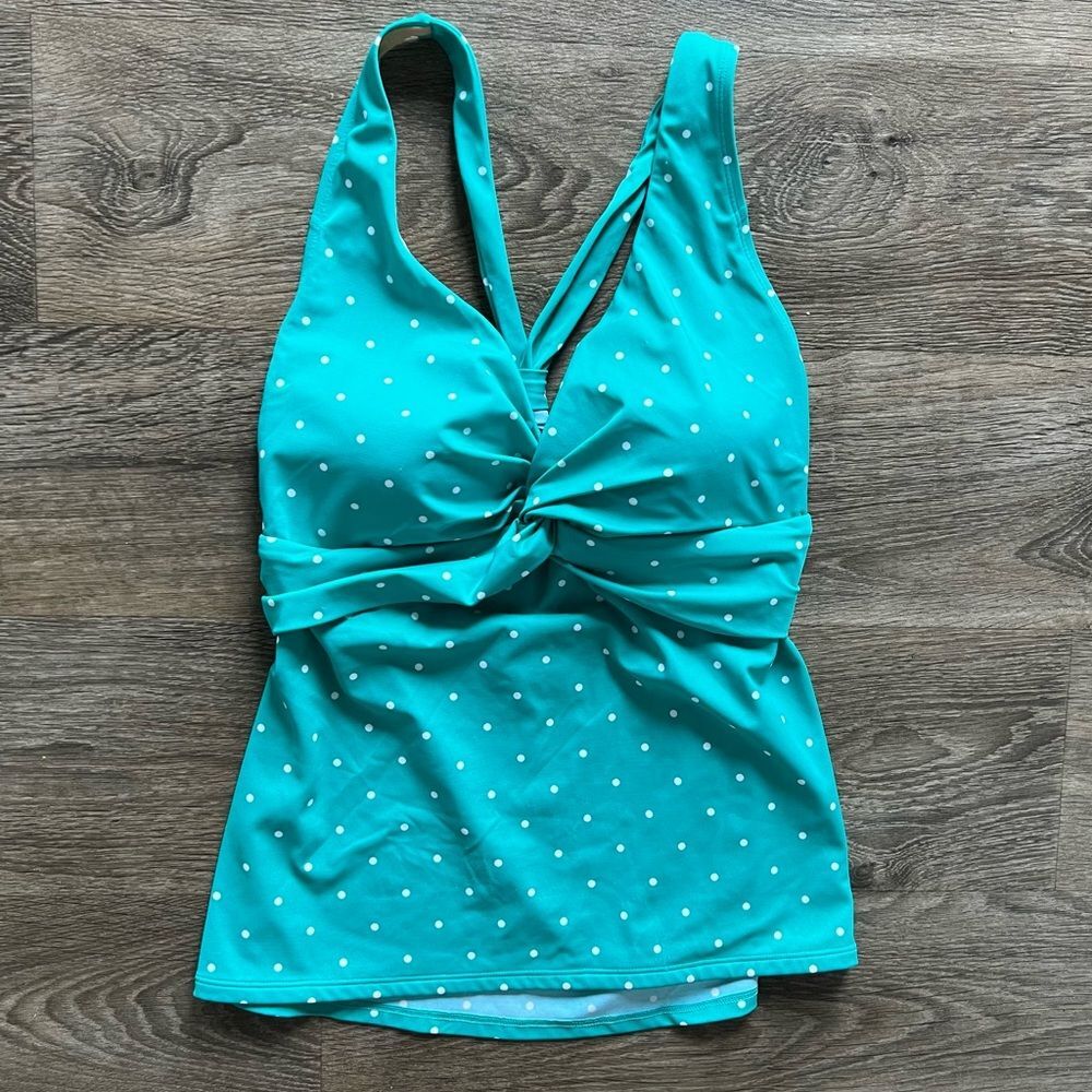 LL Bean Twist Tankini Top Turquoise Teal Green White Polka Dot Women's size 14